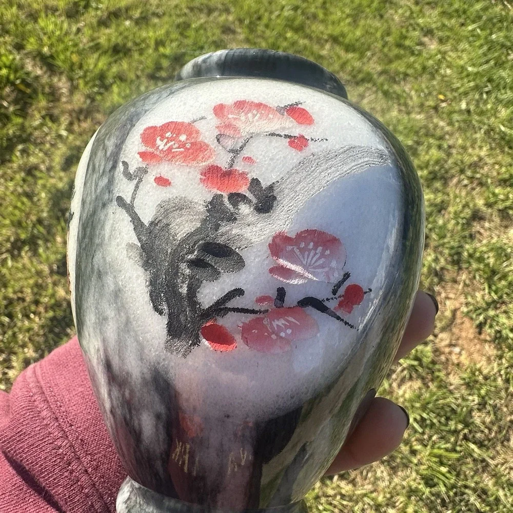 Vintage Chinese Marble Stone Carved Painted Landscape Crane Artwork Flowers Vase